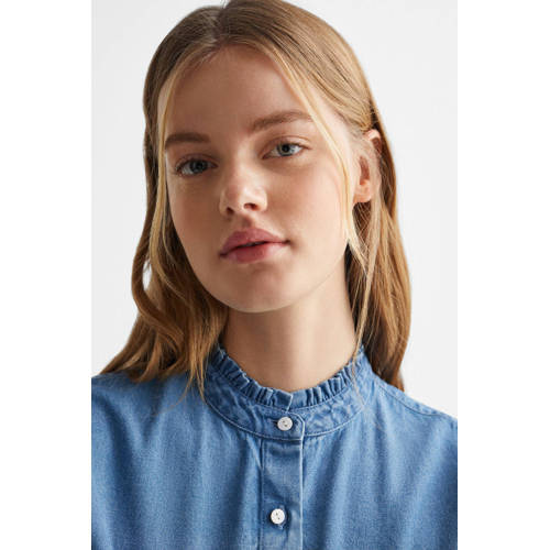 Mango Kids blouse middenblauw Meisjes Denim Opstaande kraag Effen 152(XXS)