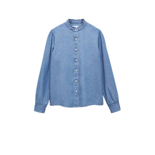 Mango Kids blouse middenblauw Meisjes Denim Opstaande kraag Effen - 164(S)