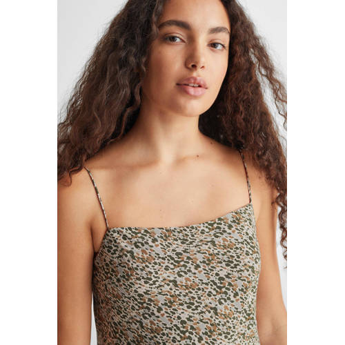 Mango Kids jurk met all over print beige groen bruin Meisjes Viscose Vierkante hals 152(XXS)