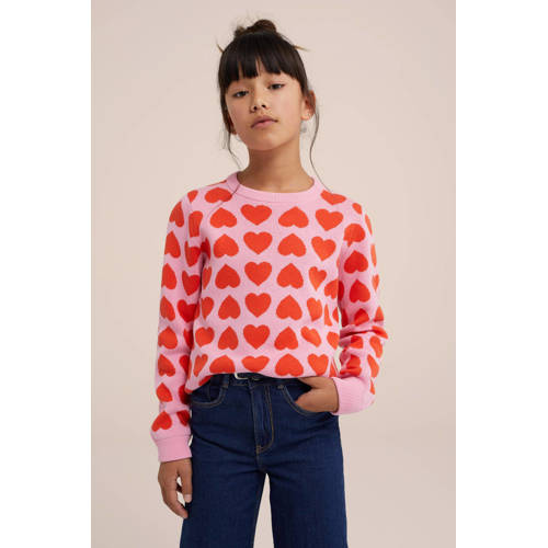 WE Fashion trui met hartjes roze rood Meisjes Katoen Ronde hals Hartjes 146 152