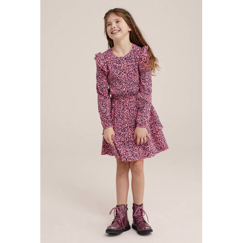 WE Fashion jurk met panterprint en ruches roze zwart rood Meisjes Katoen Ronde hals 110 116