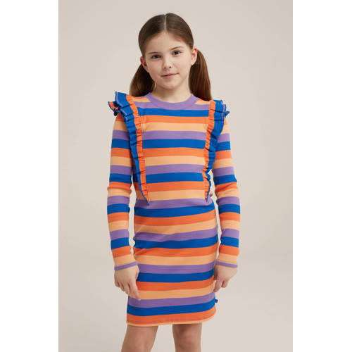WE Fashion gestreepte jurk oranje blauw paars Multi Meisjes Katoen Ronde hals 98 104