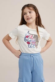 thumbnail: WE Fashion T-shirt met printopdruk en ruches wit/blauw/roze