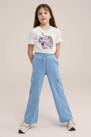 thumbnail: Wit, blauw en roze meisjes WE Fashion T-shirt en ruches met printopdruk, korte mouwen en ronde hals
