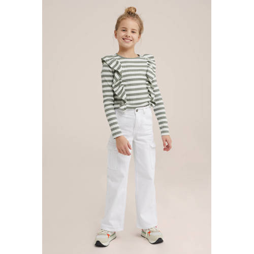 WE Fashion gestreepte longsleeve grijs wit Meisjes Katoen Ronde hals Streep 92