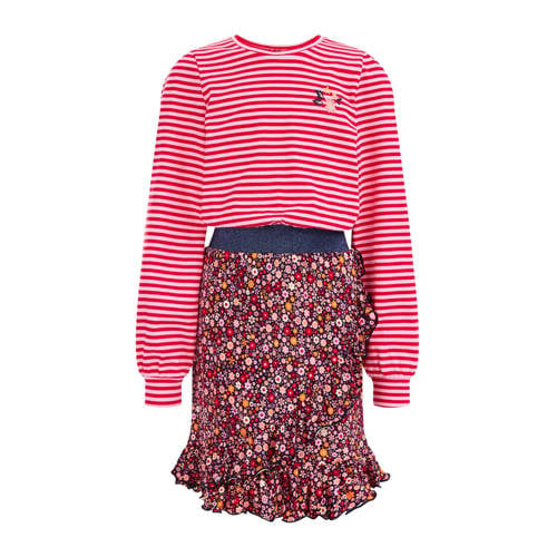 WE Fashion jurk met all over print en borduursels multicolor Roze Meisjes Katoen Ronde hals - 110/116