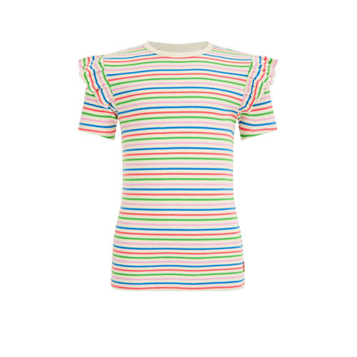 WE Fashion gestreept T-shirt met katoen groen/roze/wit Streep - 110/116