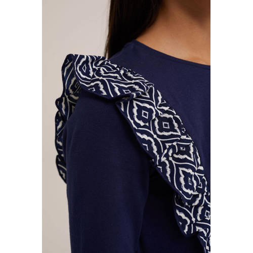 WE Fashion longsleeve met ruches donkerblauw Meisjes Stretchkatoen Ronde hals 98 104