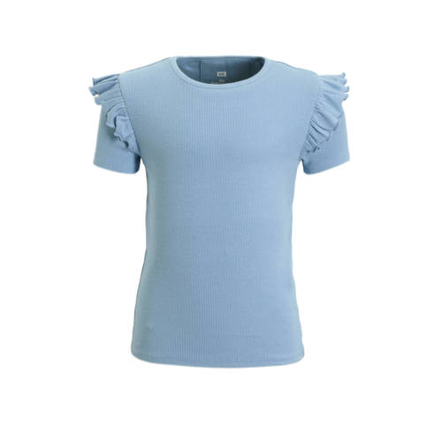WE Fashion T-shirt met ruches lichtblauw Meisjes Stretchkatoen Ronde hals - 110/116