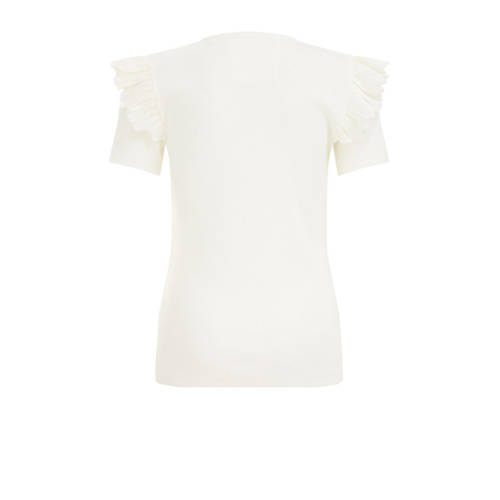 WE Fashion T-shirt met ruches wit Meisjes Stretchkatoen Ronde hals Effen 98 104