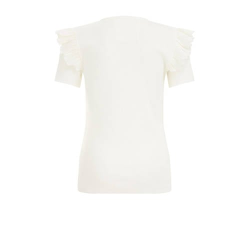 WE Fashion T-shirt met ruches wit Meisjes Stretchkatoen Ronde hals Effen 98 104