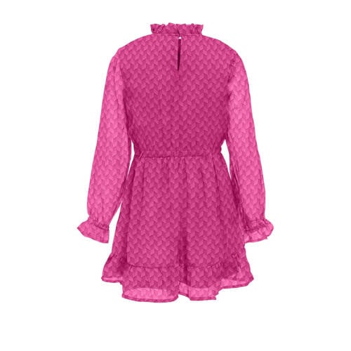 Only KIDS GIRL semi-transparante jurk KOGEMMERY met all over print en ruches fuchsia Roze Meisjes Polyester Opstaande kraag 116