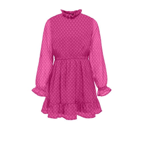 KIDS ONLY GIRL semi-transparante jurk KOGEMMERY met all over print en ruches fuchsia Roze Meisjes Polyester Opstaande kraag