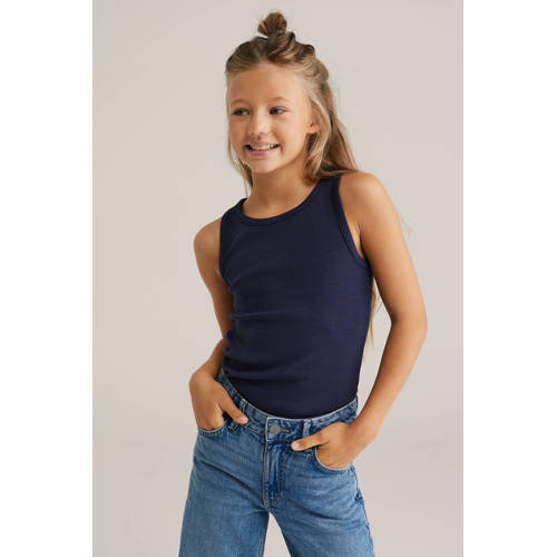 WE Fashion ribgebreide top blue nights Blauw Meisjes Katoen Ronde hals - maat 110/116 afbeelding