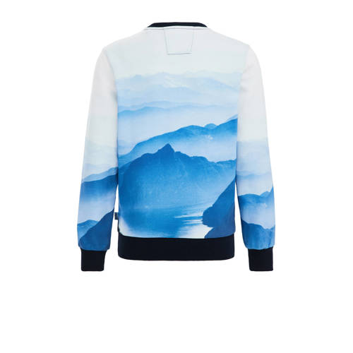 WE Fashion sweater met all over print blauw wit All over print 110 116