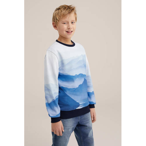 WE Fashion sweater met all over print blauw wit All over print 98 104