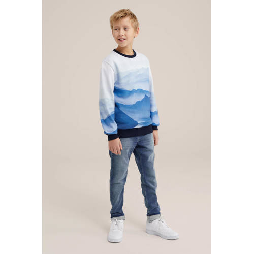 WE Fashion sweater met all over print blauw wit All over print 110 116
