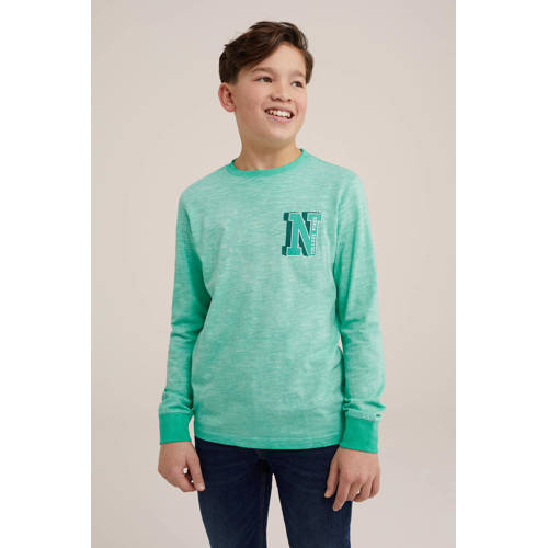 WE Fashion longsleeve met printopdruk mintgroen Jongens Katoen Ronde hals 110 116