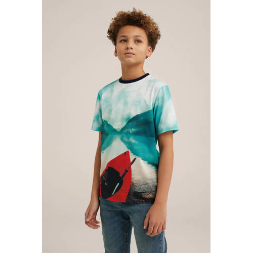 WE Fashion T-shirt met grafische print blauw rood zwart Multi Jongens Katoen Ronde hals 98 104