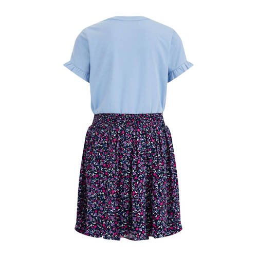 WE Fashion jurk met all over print blauw roze Meisjes Stretchkatoen Ronde hals 98 104