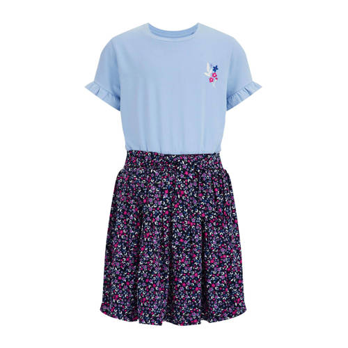 WE Fashion jurk met all over print blauw/roze Meisjes Stretchkatoen Ronde hals