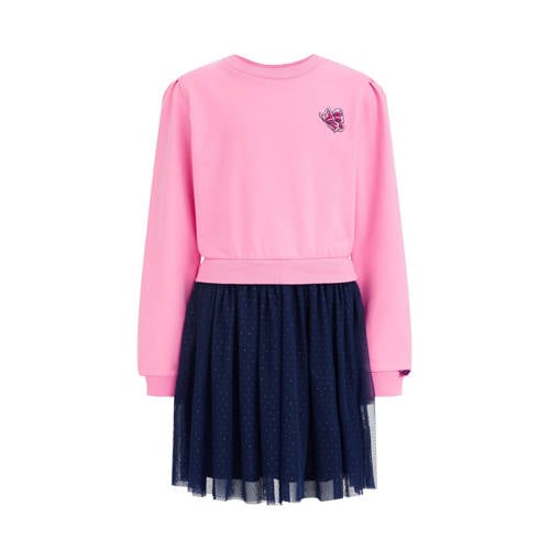 WE Fashion jurk roze/donkerblauw Meisjes Katoen Ronde hals Effen - 110/116