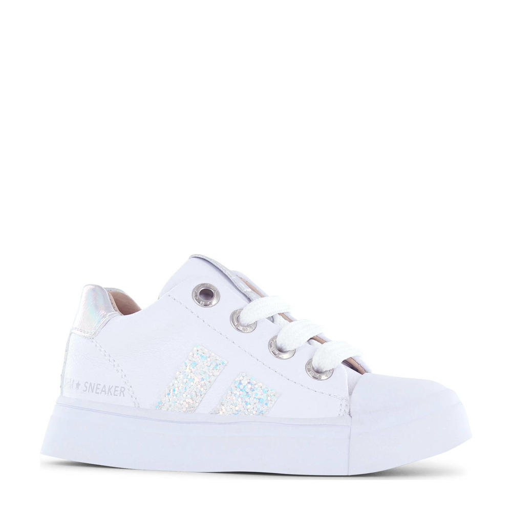 Wit en zilverkleurige meisjes Shoesme leren sneakers met rits- en vetersluiting
