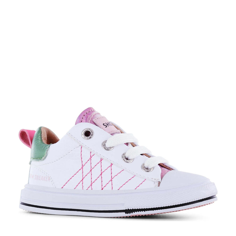 Wit en roze meisjes Shoesme leren sneakers met rits- en vetersluiting
