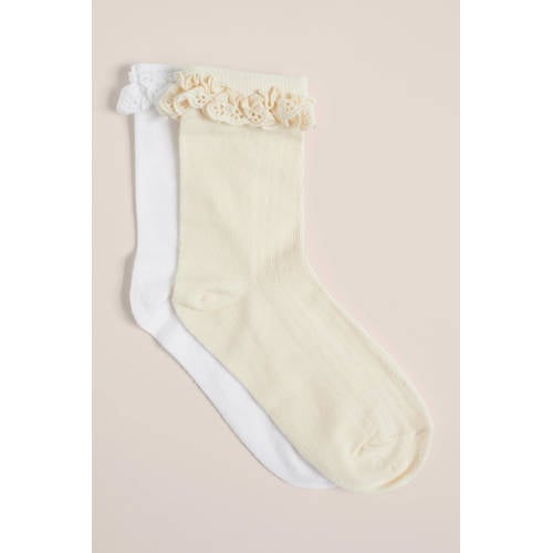 WE Fashion sokken - set van 2 wit/geel Jongens/Meisjes Katoen Effen