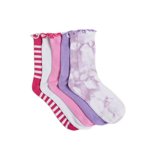 WE Fashion sokken - set van 5 roze/paars/wit Jongens/Meisjes Katoen All over print