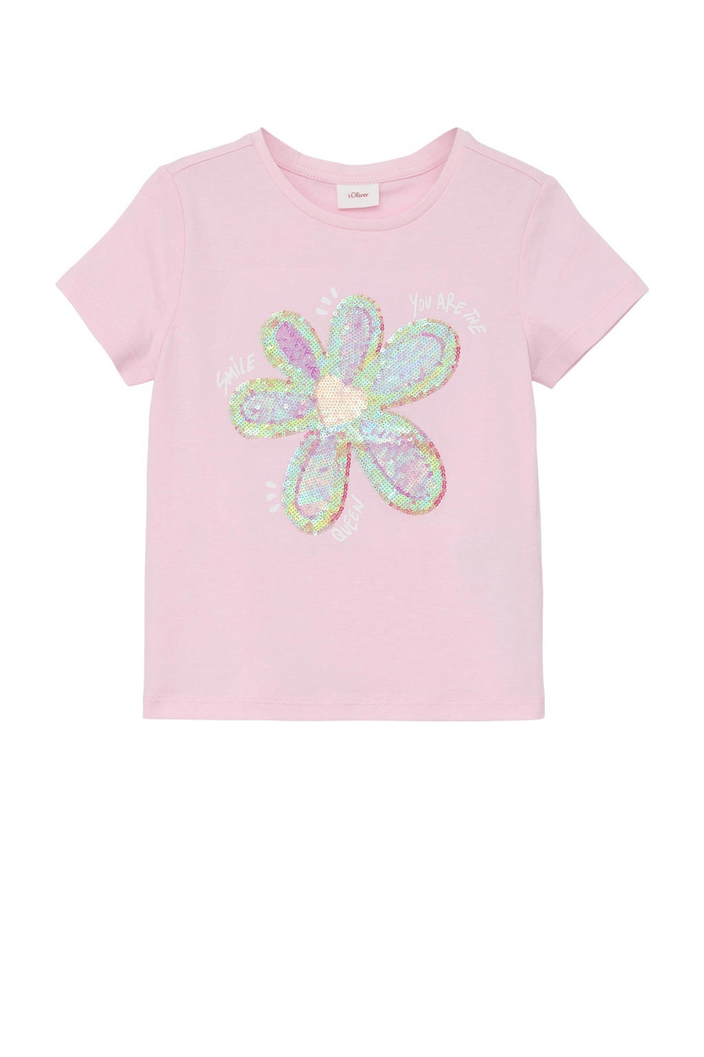 Roze meisjes s.Oliver T-shirt en pailletten met printopdruk, korte mouwen en ronde hals