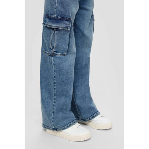 s.Oliver high waist wide leg jeans medium blue denim Blauw Effen 134