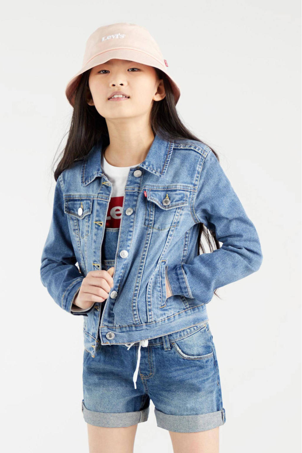 Medium blue denim meisjes Levi's Kids spijkerjas van stretchdenim met effen, lange mouwen, klassieke kraag en knoopsluiting