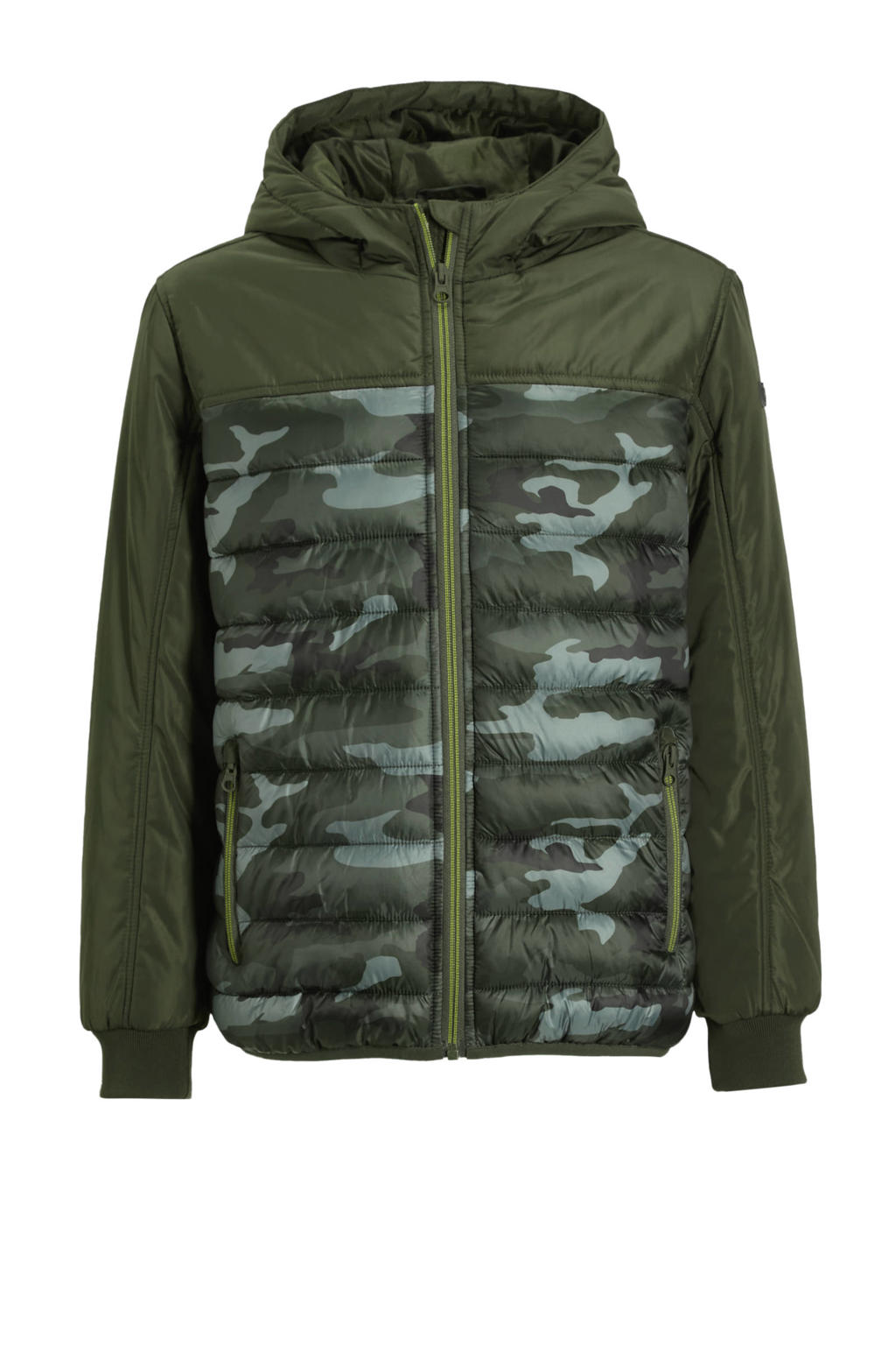 Kakikleurige jongens anytime softshell jas van polyester met camouflageprint, lange mouwen, capuchon en ritssluiting