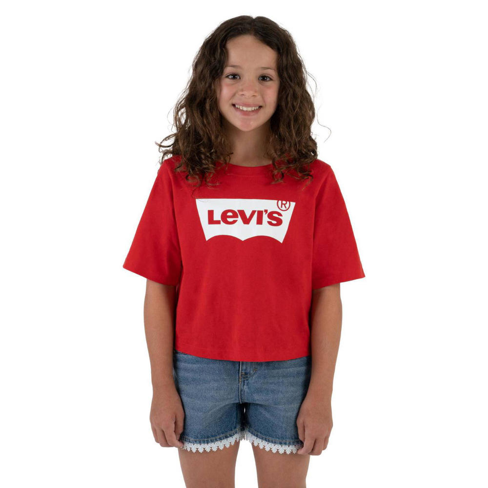 Rood en witte meisjes Levi's Kids T-shirt van katoen met logo dessin, korte mouwen en ronde hals