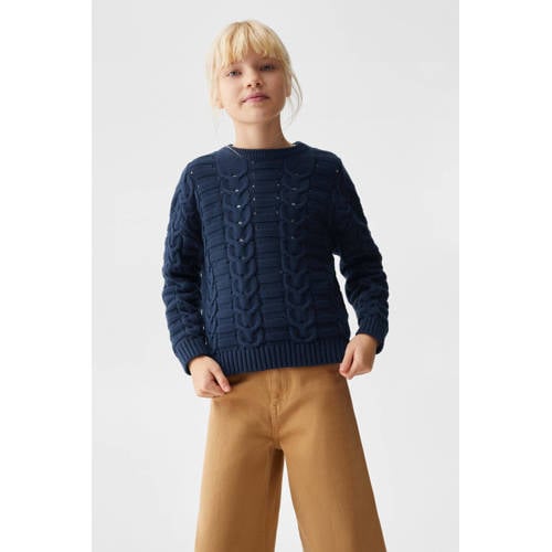 Mango Kids gebreide trui donkerblauw Meisjes Katoen Ronde hals Effen 116