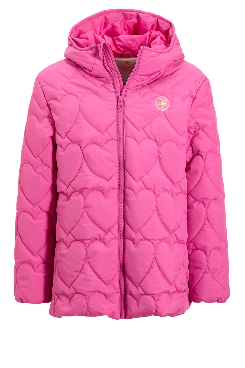 Roze meisjes Orange Stars gewatteerde winterjas Rachael van polyester met hartjesprint, lange mouwen, capuchon en ritssluiting
