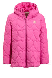 thumbnail: Roze meisjes Orange Stars gewatteerde winterjas Rachael van polyester met hartjesprint, lange mouwen, capuchon en ritssluiting