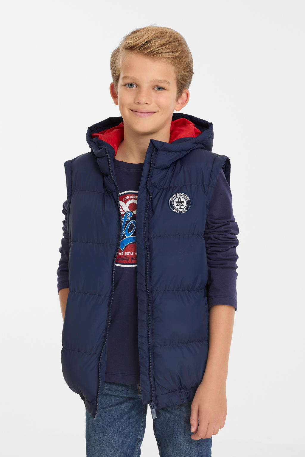 Donkerblauwe jongens anytime 2 in 1 winterjas van nylon met effen, lange mouwen en capuchon