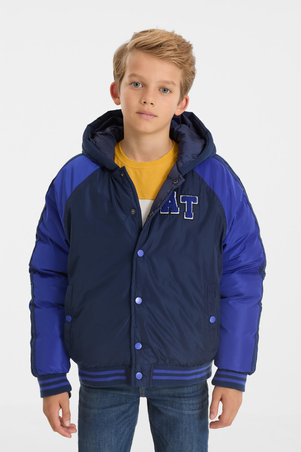 Donkerblauwe jongens anytime bomberjack van polyester met effen, lange mouwen, capuchon en drukknoopsluiting