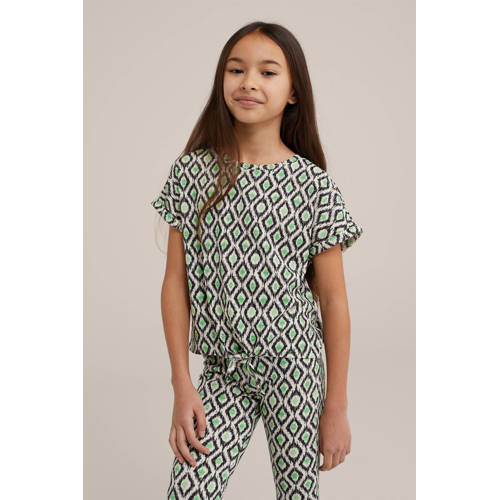 WE Fashion T-shirt met all over print groen beige zwart Meisjes Polyester Ronde hals 98 104