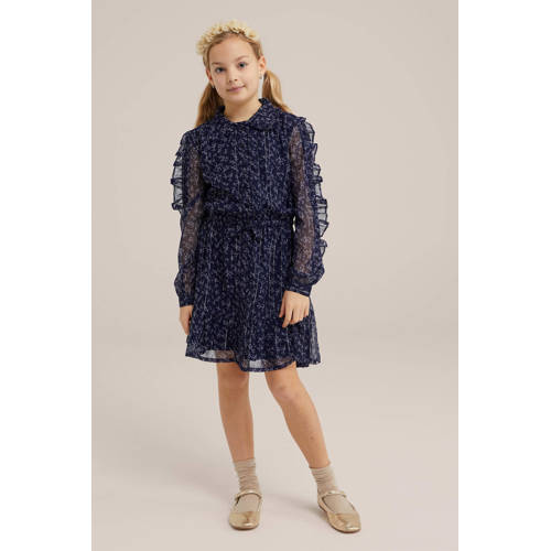 WE Fashion jurk met all over print en glitters donkerblauw Meisjes Polyester Klassieke kraag 98 104