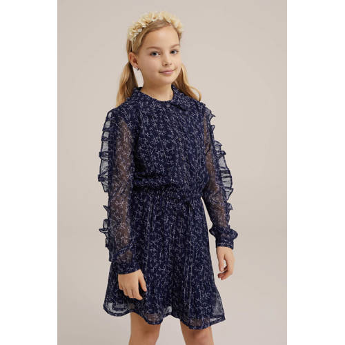 WE Fashion jurk met all over print en glitters donkerblauw Meisjes Polyester Klassieke kraag 98 104