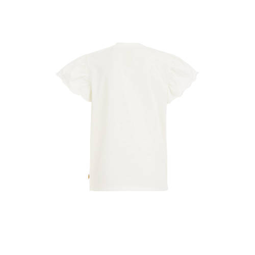WE Fashion T-shirt met printopdruk en borduursels wit roze Meisjes Katoen Ronde hals 98 104