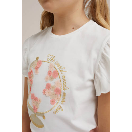 WE Fashion T-shirt met printopdruk en borduursels wit roze Meisjes Katoen Ronde hals 98 104