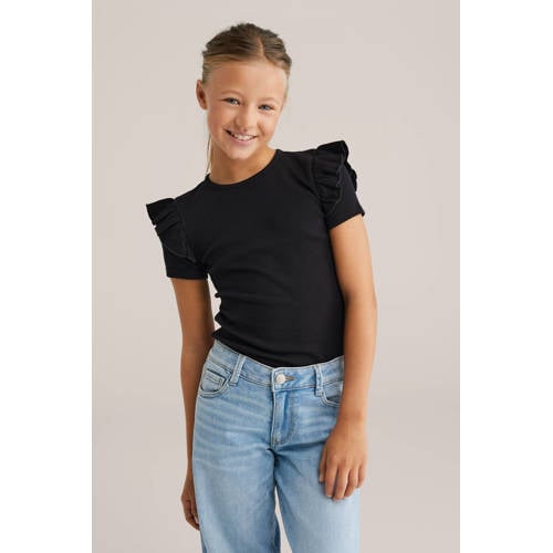 WE Fashion T-shirt zwart Meisjes Stretchkatoen Ronde hals Effen - maat 98/104 afbeelding