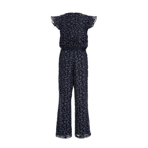 WE Fashion gebloemde jumpsuit donkerblauw Meisjes Gerecycled polyester Ronde hals 104