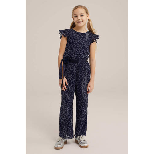 WE Fashion gebloemde jumpsuit donkerblauw Meisjes Polyester Ronde hals 98