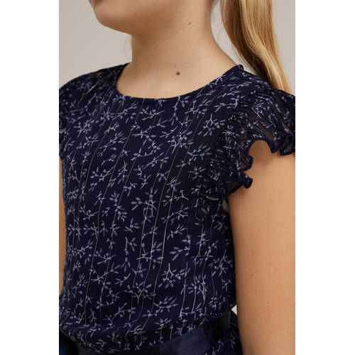 WE Fashion gebloemde jumpsuit donkerblauw Meisjes Polyester Ronde hals 98