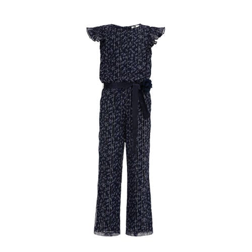 WE Fashion gebloemde jumpsuit donkerblauw Meisjes Polyester Ronde hals - 104